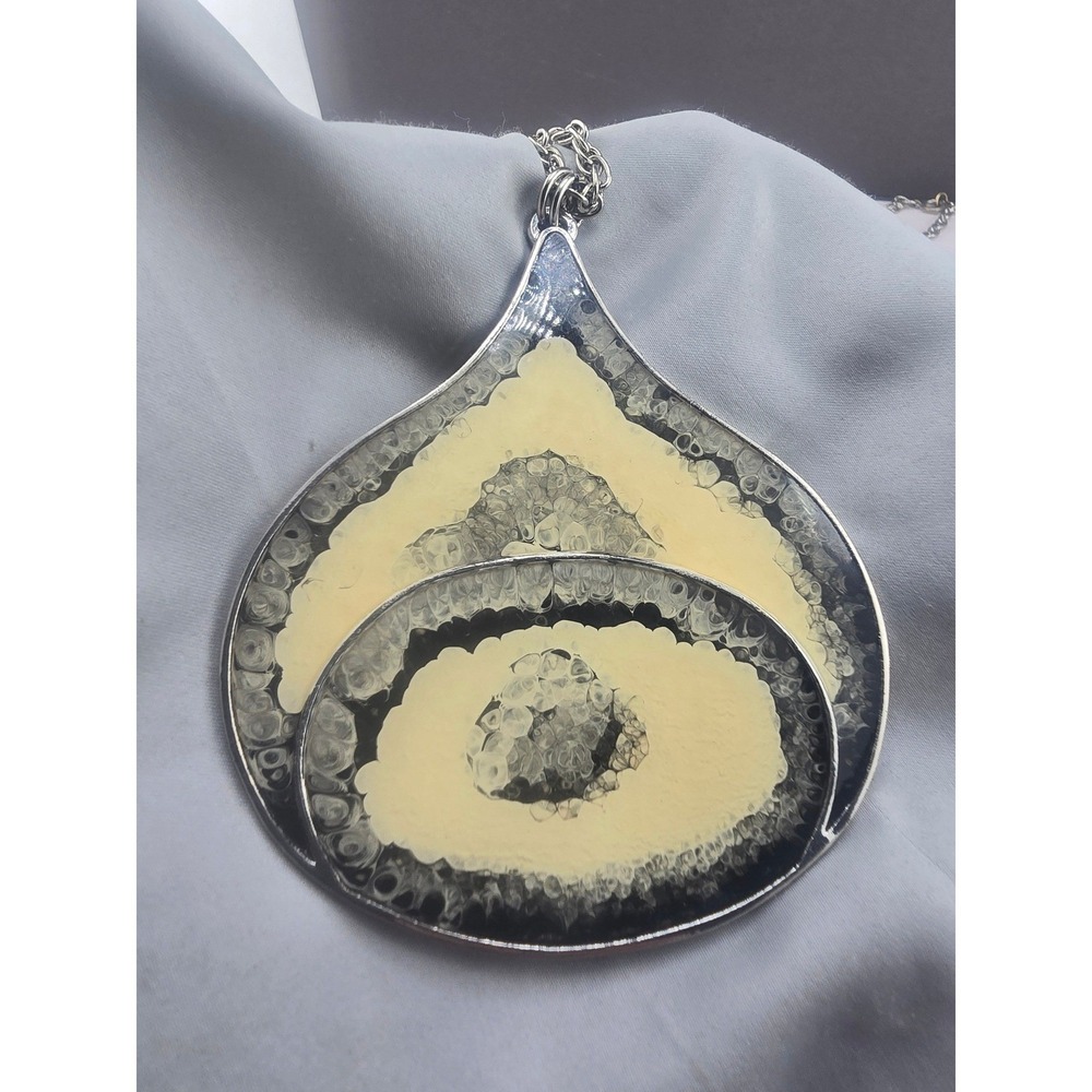 Vintage Estate Cadoro Necklace Silver Tone Cream Black Enamel Pendant 24in
